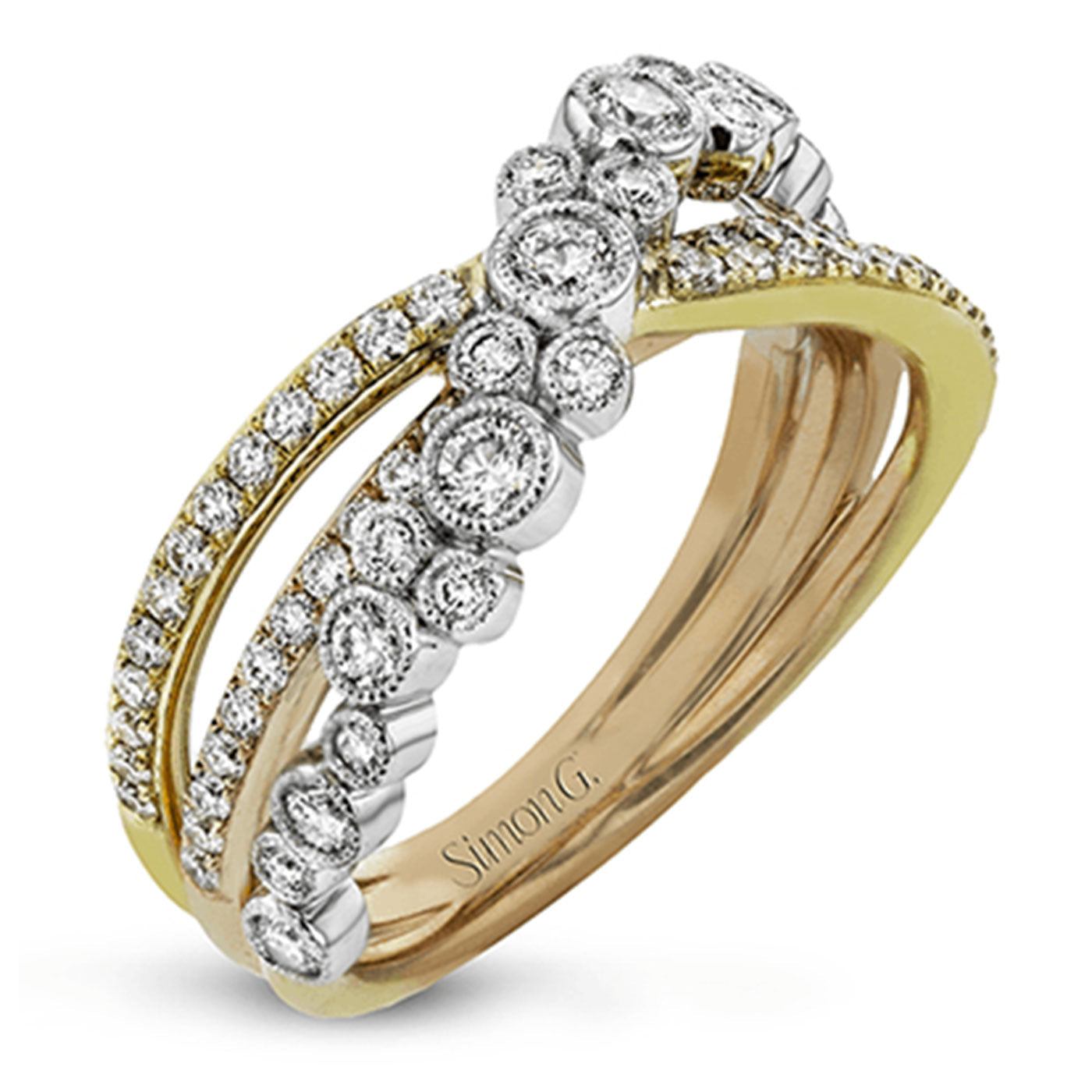 Discover the sophistication of a Simon G creation with the Simon G. 18K White Gold Diamond Fashion Ring. This exquisite piece features intertwining bands and an intricate design, adorned with round diamonds of varying sizes on both polished and textured surfaces, creating a remarkable fusion of elegance and brilliance.