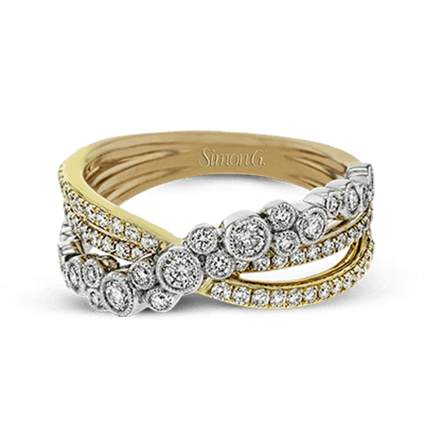 This Simon G.18K White Gold Diamond Fashion Ring by Simon G features an intricate design with multiple intertwined bands, elegantly adorned with clusters of small round diamonds that showcase a captivating sparkle.