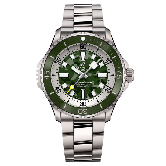 The Breitling Superocean Automatic 46 Super Diver features a stainless steel case, green camouflage-patterned dial with silver markers, a matching green bezel, metal link bracelet, and prominent crown on the right.
