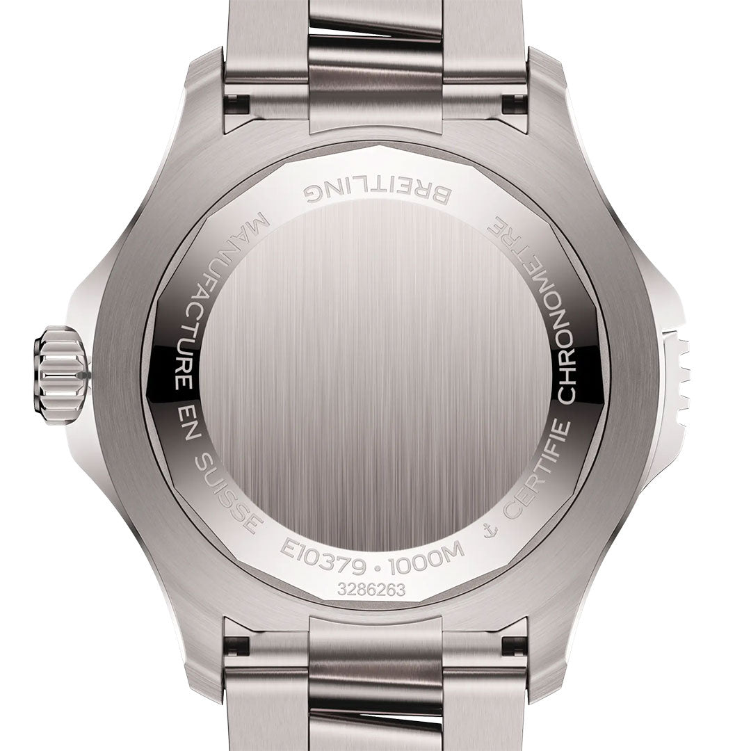 The BREITLING Superocean Automatic 46 Super Diver's case back features stainless steel engraving with "MANUFACTURE EN SUISSE," "CHRONOMETRE CERTIFIE," "1000M," and serial numbers around the edge.
