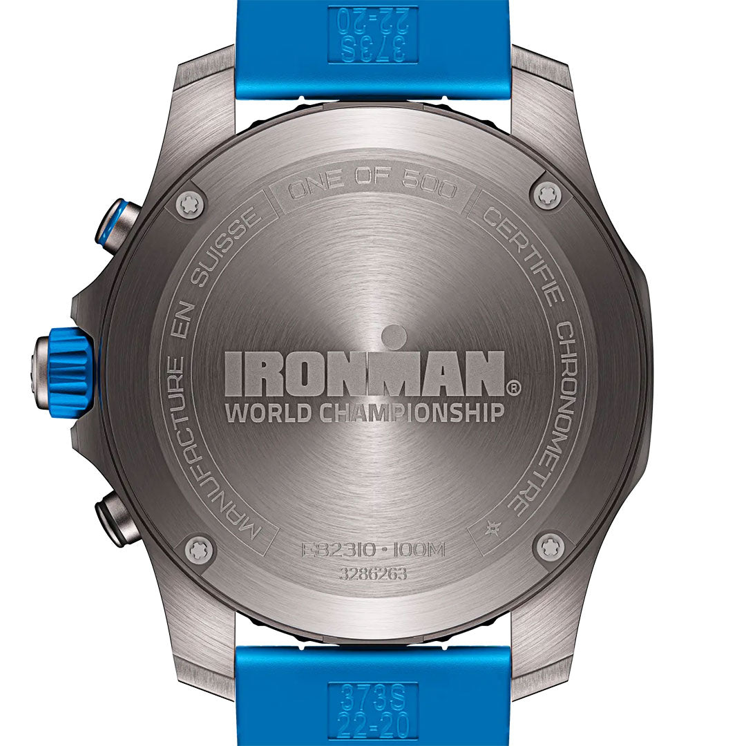 Back of a Breitling Professional Endurance Pro World Championship 2025 watch with blue strap, displaying engravings, serial number, and inscriptions: "ONE OF 500" and "MANUFACTURE EN SUISSE.