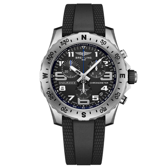 The BREITLING Endurance Pro 44 features a black dial with bold white numerals, multiple subdials, a silver bezel marked with cardinal directions and degrees, plus a textured black rubber strap.