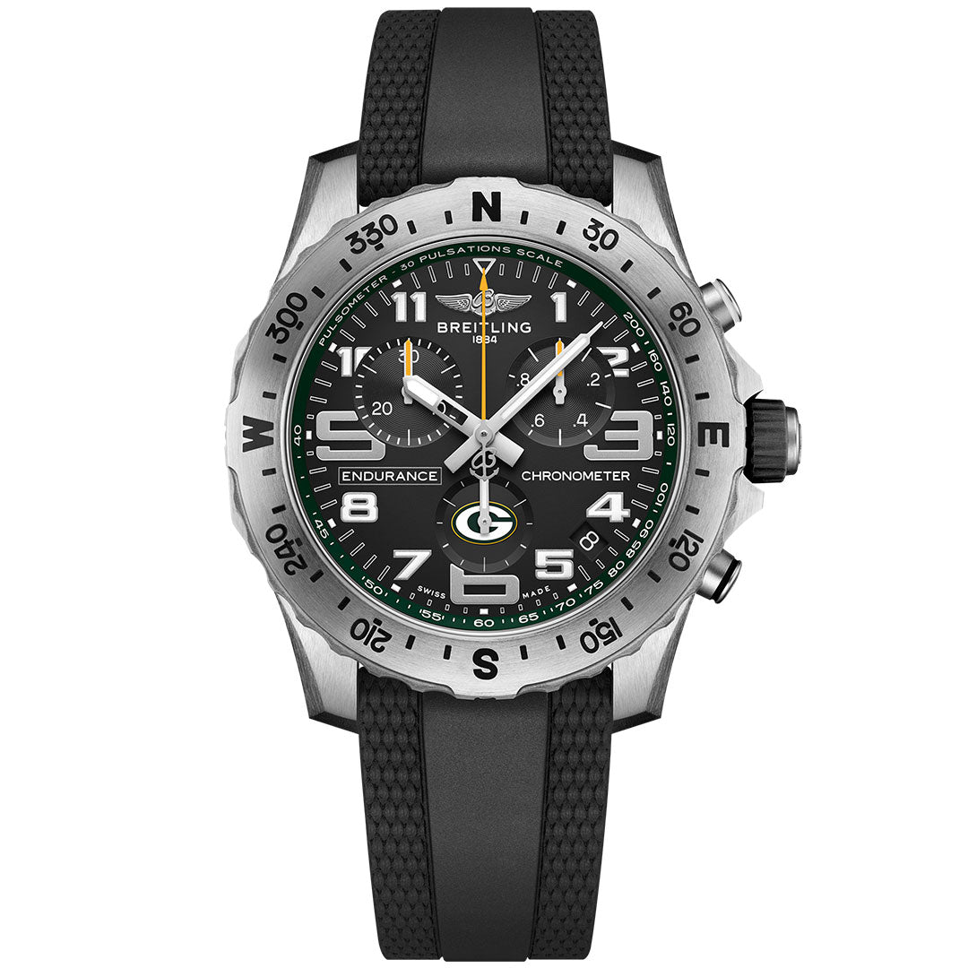 The BREITLING Endurance Pro 44 NFL Edition features a black strap, black dial with white details, numeric markings, subdials, green accents, and a silver bezel. It’s the official timepiece partner from Breitling.