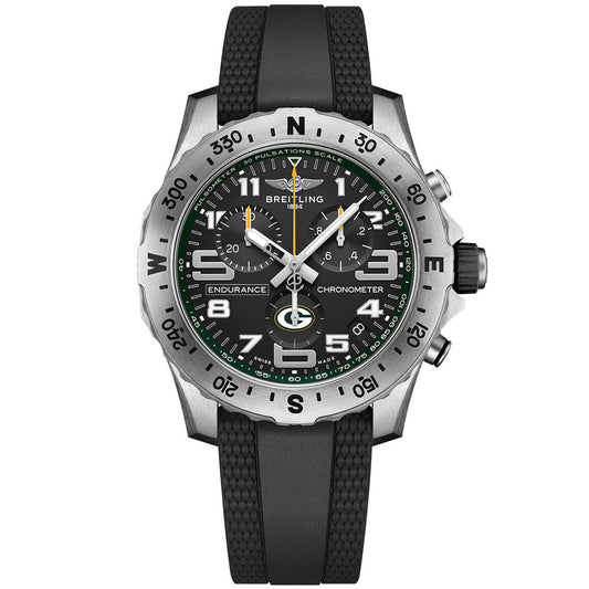 The BREITLING Endurance Pro 44 NFL Edition features a black strap, black dial with white details, numeric markings, subdials, green accents, and a silver bezel. It’s the official timepiece partner from Breitling.