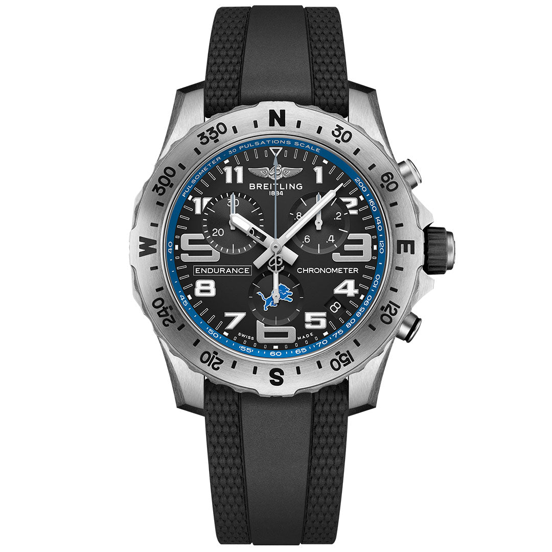 The Breitling Endurance Pro 44 chronograph features a black dial with white and blue accents, a black rubber strap, and a silver-tone bezel—an Official NFL timepiece ideal for Detroit Lions fans.