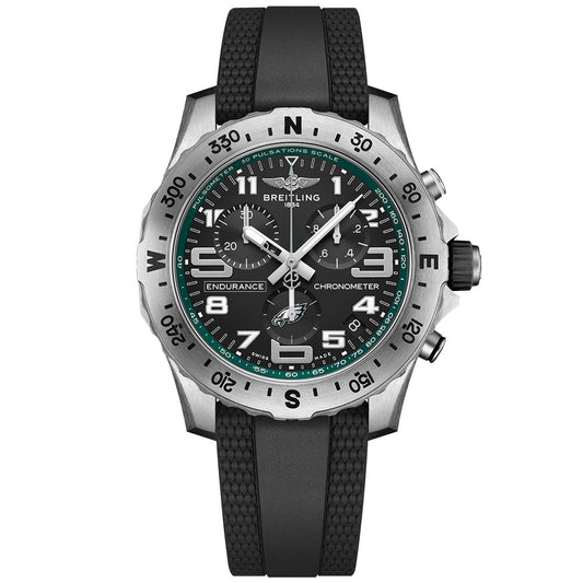 The BREITLING Endurance Pro 44 features a black dial, silver bezel, textured black rubber strap, luminescent hands, white numerals, and green accents—an ideal Philadelphia Eagles watch for dedicated fans.
