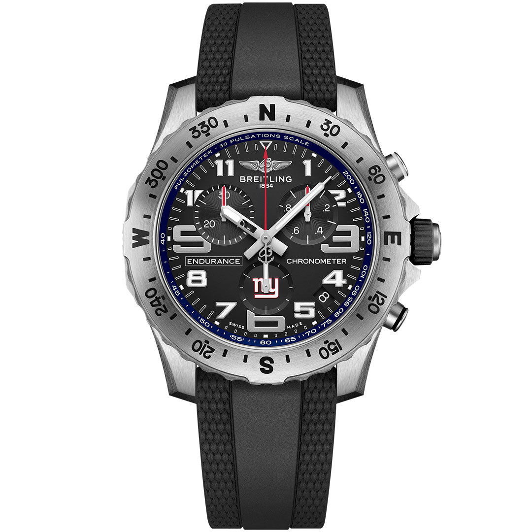The BREITLING Endurance Pro 44 features a black dial, black rubber strap, and a silver bezel with compass markings, three sub-dials, bold white numerals, plus blue and red accents—ideal for NFL team watch fans.