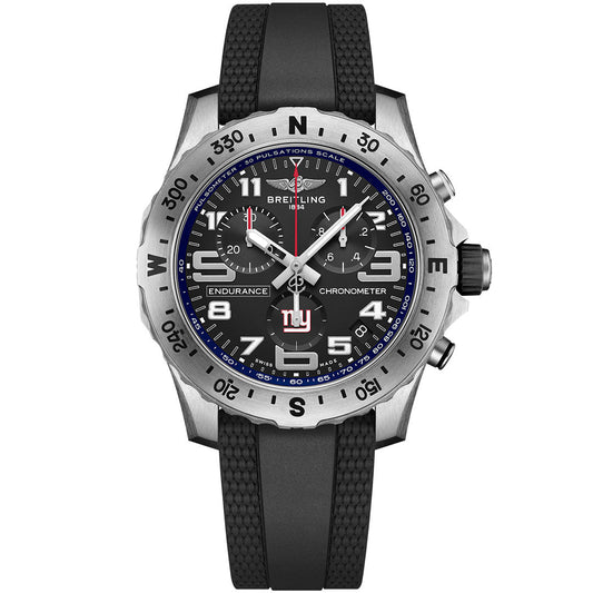 The BREITLING Endurance Pro 44 features a black dial, black rubber strap, and a silver bezel with compass markings, three sub-dials, bold white numerals, plus blue and red accents—ideal for NFL team watch fans.