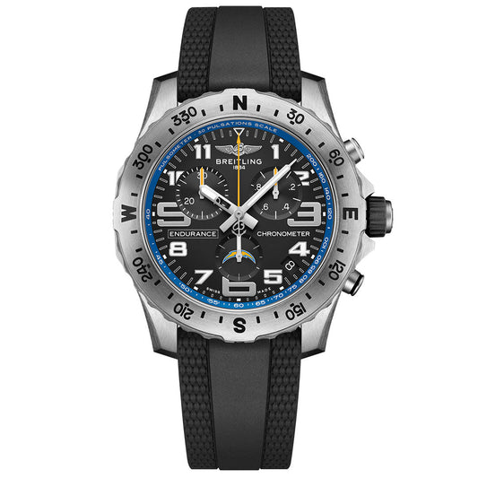 The Breitling Endurance Pro 44 is a sporty chronometer with a black strap, black dial, silver compass-marked bezel, and blue Los Angeles Chargers-inspired accents. Features include multiple subdials and a date window.