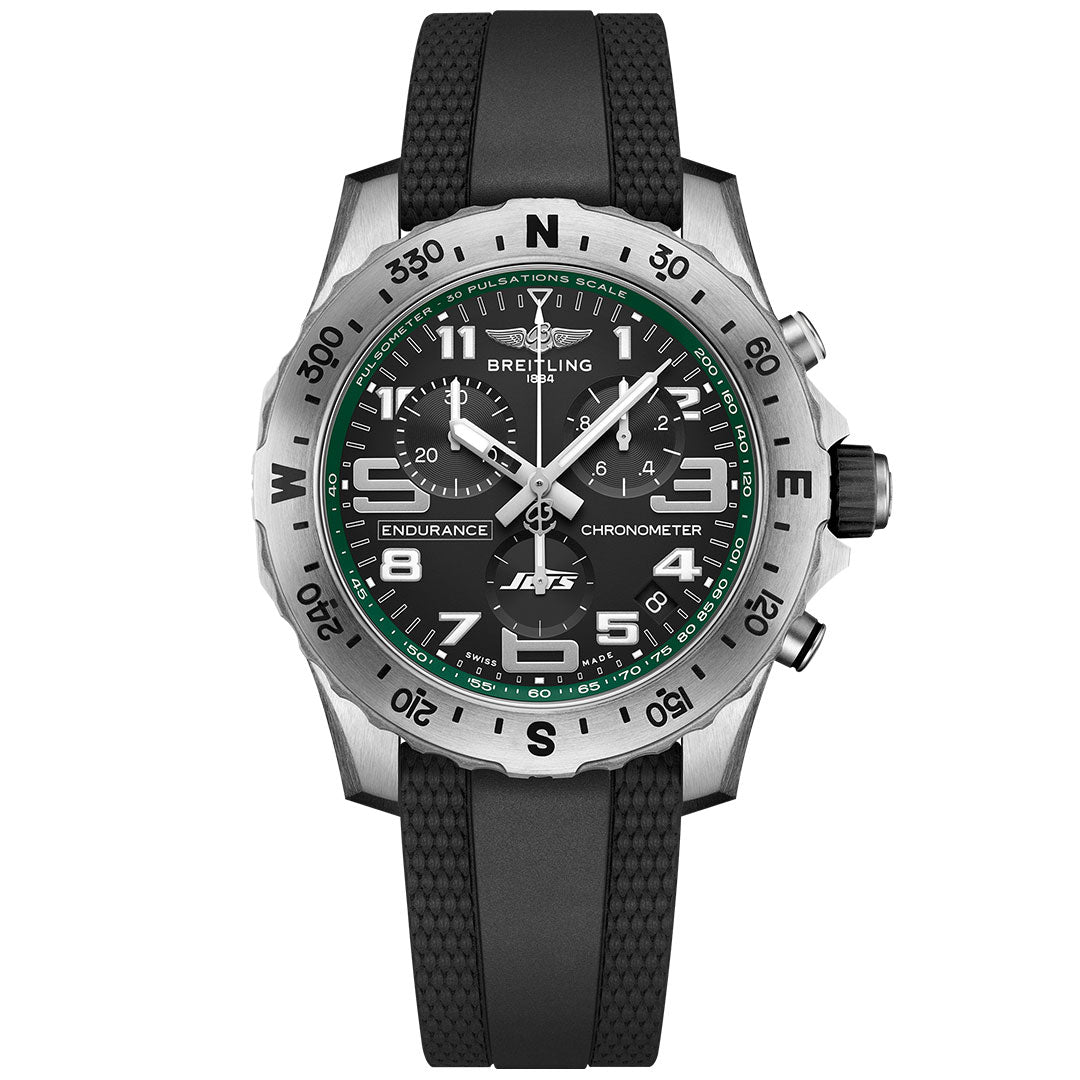 The BREITLING Endurance Pro 44 features a black dial, white numerals, green accents, stainless steel bezel, and a black rubber strap—an ideal choice for New York Jets fans seeking more than an ordinary Breitling NFL watch.