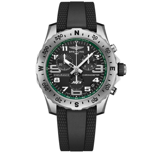 The BREITLING Endurance Pro 44 features a black dial, white numerals, green accents, stainless steel bezel, and a black rubber strap—an ideal choice for New York Jets fans seeking more than an ordinary Breitling NFL watch.