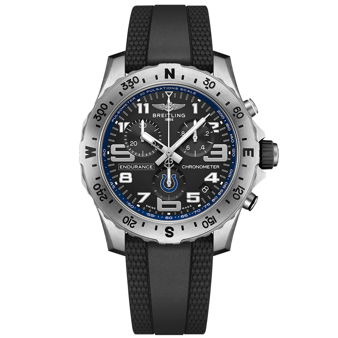 The Breitling Endurance Pro 44 features a black dial, silver bezel, blue accents, and a textured black rubber strap—its bold numerals and multiple subdials offer precision timing in a sporty style inspired by the Indianapolis Colts.