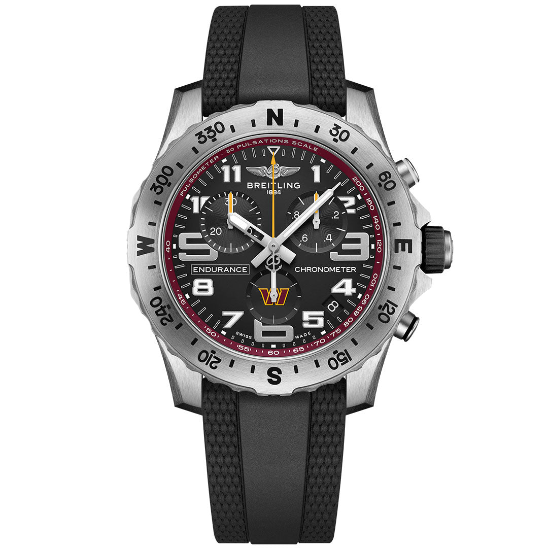 The BREITLING Endurance Pro 44 features a black dial, white numerals, red minute track, and black rubber strap with a pulsometer bezel—ideal for Washington Commanders fans seeking a bold Breitling chronometer.
