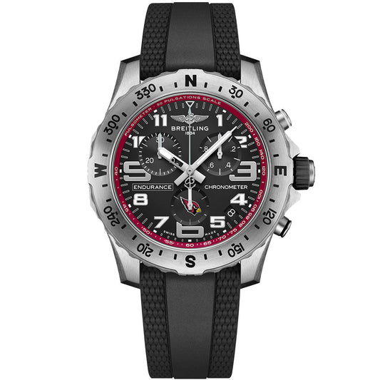 The BREITLING Endurance Pro 44 features a black dial with bold white numerals, three subdials, a red-accented bezel with compass scale, and a textured black rubber strap—an ideal choice for any Arizona Cardinals fan.