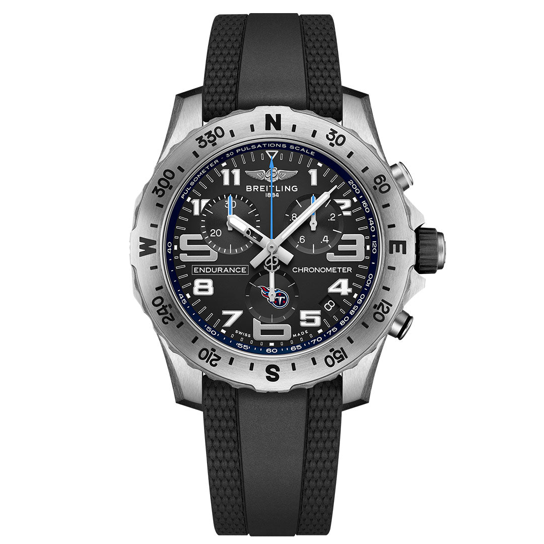 The Breitling Endurance Pro 44 features a black dial, bold white numerals, silver bezel, black rubber strap, and chronograph subdials for a sleek look reminiscent of the NFL Edition Tennessee Titans watch.