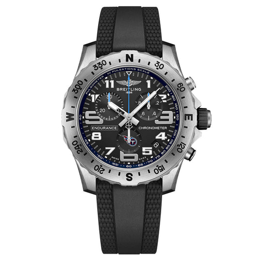 The Breitling Endurance Pro 44 features a black dial, bold white numerals, silver bezel, black rubber strap, and chronograph subdials for a sleek look reminiscent of the NFL Edition Tennessee Titans watch.