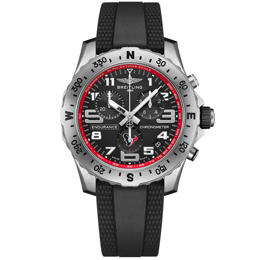 The BREITLING Endurance Pro 44 features a black dial, white markers and hands, red accents, a black rubber strap, and a silver bezel with engraved numbers—a stylish alternative to the Breitling Houston Texans watch.