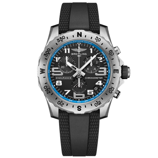 The BREITLING Endurance Pro 44 is a black chronograph watch with a black dial, white numerals, blue bezel accents, and a textured black rubber strap—ideal for fans who want the sporty Carolina Panthers look.