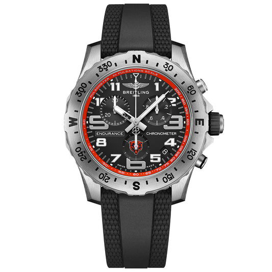 The BREITLING Endurance Pro 44 is a chronometer watch with a black dial, bold white numerals, multiple subdials, red accents, a silver compass bezel, and a black rubber strap—reflecting the sporty style of Breitling NFL watches.