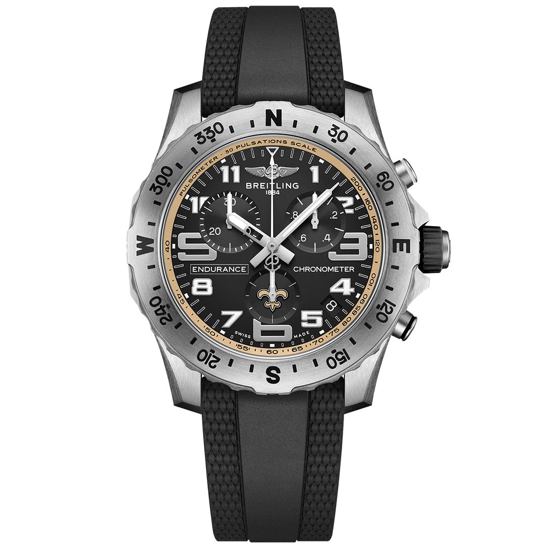 The Breitling Endurance Pro 44 NFL watch features a black and silver design with a black rubber strap, bold numerals, multiple subdials, and a rotating bezel, shown against a white background.