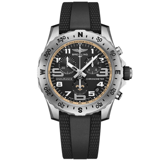 The Breitling Endurance Pro 44 NFL watch features a black and silver design with a black rubber strap, bold numerals, multiple subdials, and a rotating bezel, shown against a white background.