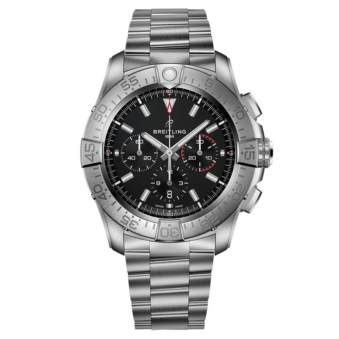 The BREITLING Super Avenger B01 Chronograph 46 watch boasts a stainless steel chronograph design featuring a black dial with three sub-dials. It is equipped with the Breitling Manufacture Caliber 01 for precise timekeeping. The watch is completed with a unidirectional bezel, luminous hands, date window, and a polished link bracelet, exemplifying sophistication.