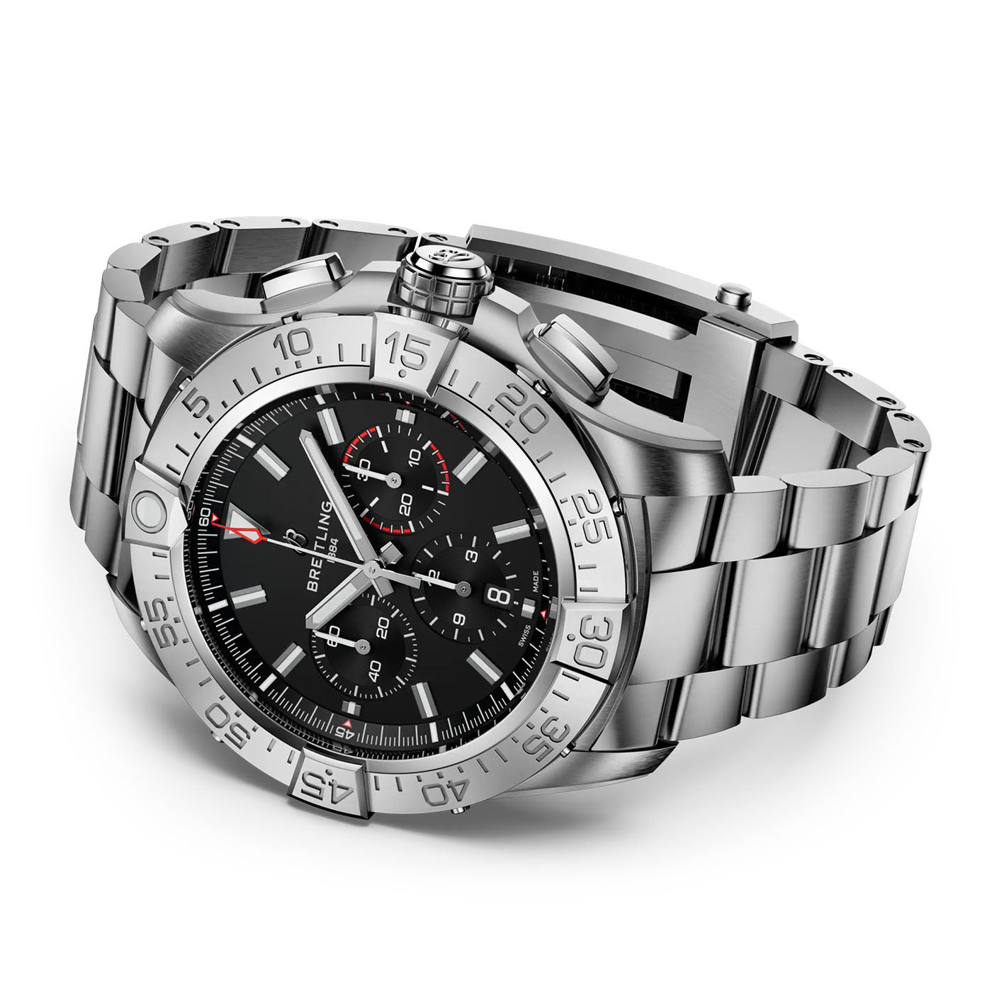 A luxury stainless steel Super Avenger B01 Chronograph 46 by Breitling showcases a black dial with three subdials, luminous hands, and a date display. It features the Breitling Manufacture Caliber 01 movement, enhanced with a unidirectional rotating bezel and a linked bracelet, all elegantly angled.