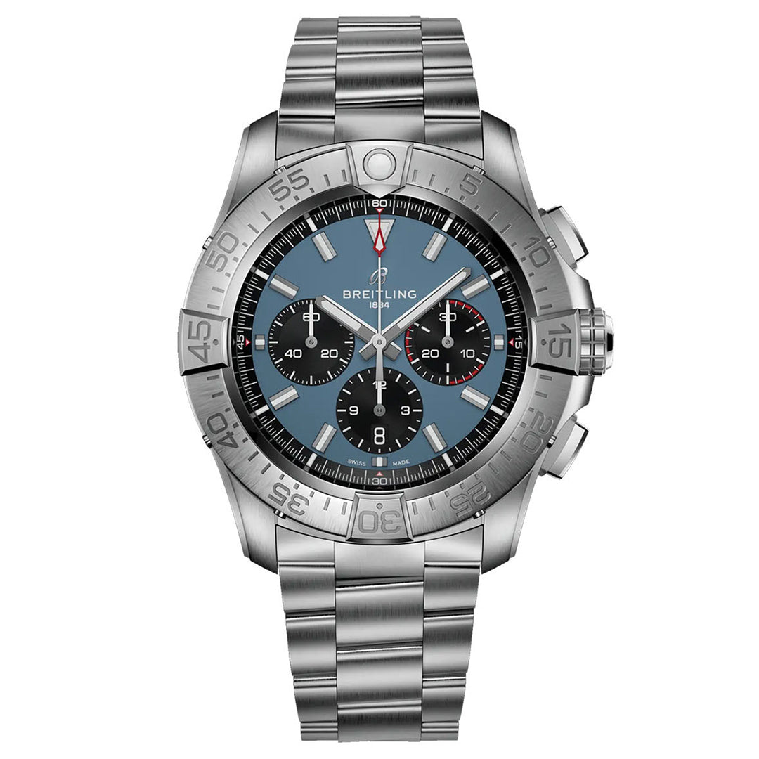 The BREITLING Super Avenger B01 Chronograph 46 wristwatch features a stainless steel design with a blue dial, enhanced by three black subdials. It includes an aviation-style tachymeter on the bezel and is completed with a sleek link bracelet, with the Breitling logo prominently displayed in the center of the dial.