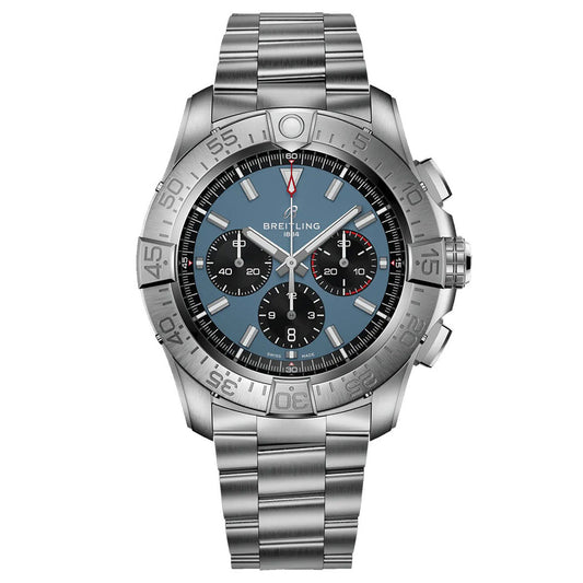 The BREITLING Super Avenger B01 Chronograph 46 wristwatch features a stainless steel design with a blue dial, enhanced by three black subdials. It includes an aviation-style tachymeter on the bezel and is completed with a sleek link bracelet, with the Breitling logo prominently displayed in the center of the dial.