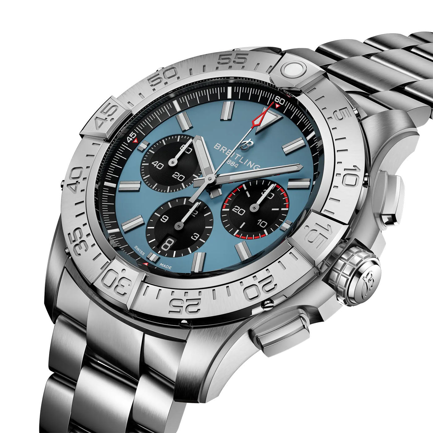 Introducing the BREITLING Super Avenger B01 Chronograph 46, a stainless steel masterpiece featuring a striking blue face with silver indexes, exuding an aviation style. The watch showcases engraved numerical markers on the bezel and comes with a metallic band that boasts a polished finish. The name 'Breitling' is proudly displayed on the dial.