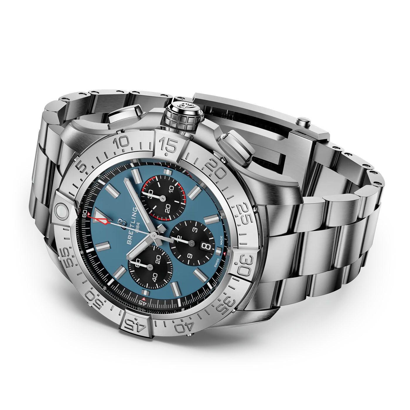 The BREITLING Super Avenger B01 Chronograph 46, crafted in silver stainless steel, features an aviation-style rotating bezel and a blue face with three sub-dials. It includes luminous hands and markers, a date feature, and a link bracelet. The time is displayed at 10:10.