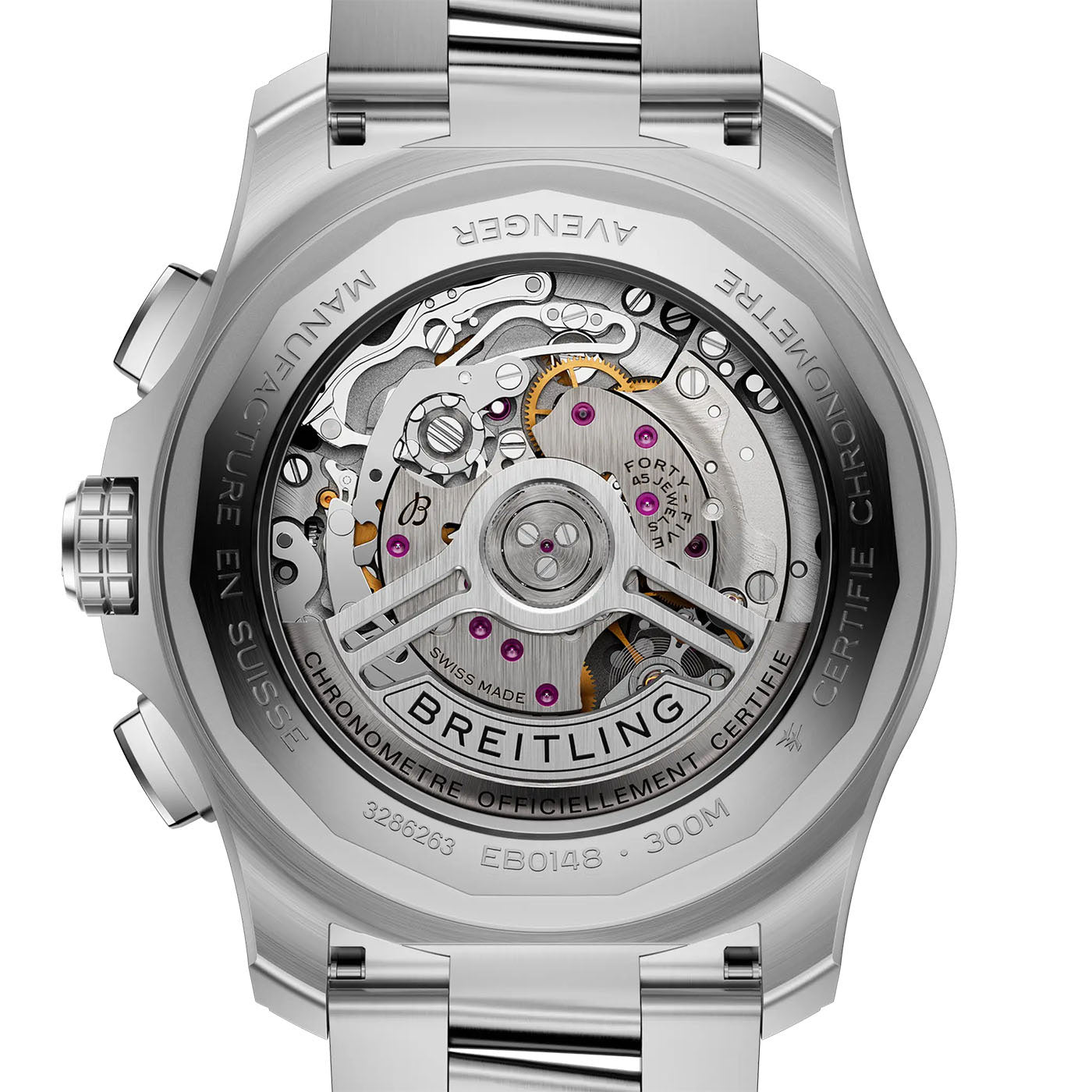 The image highlights the back of a Breitling Super Avenger B01 Chronograph 46, revealing the intricate mechanical movement with visible gears and cogs, all encased in stainless steel. The "Breitling" logo stands out prominently alongside the engraved words "Chronometre Officiellement Certifie," enhancing its aviation-style design.