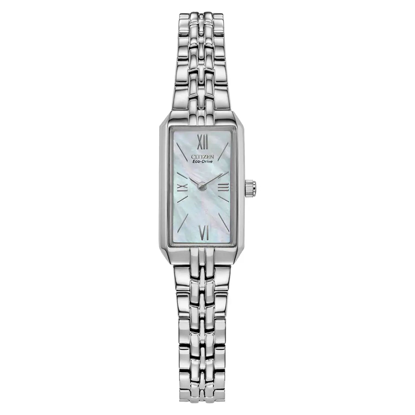 The CITIZEN Classic Eco-Drive 30.5 x 14.5mm Watch features a rectangular silver design with a linked metal band. Its white face is elegantly embellished with Roman numerals at the 12, 3, 6, and 9 o'clock positions, reflecting timeless sophistication.