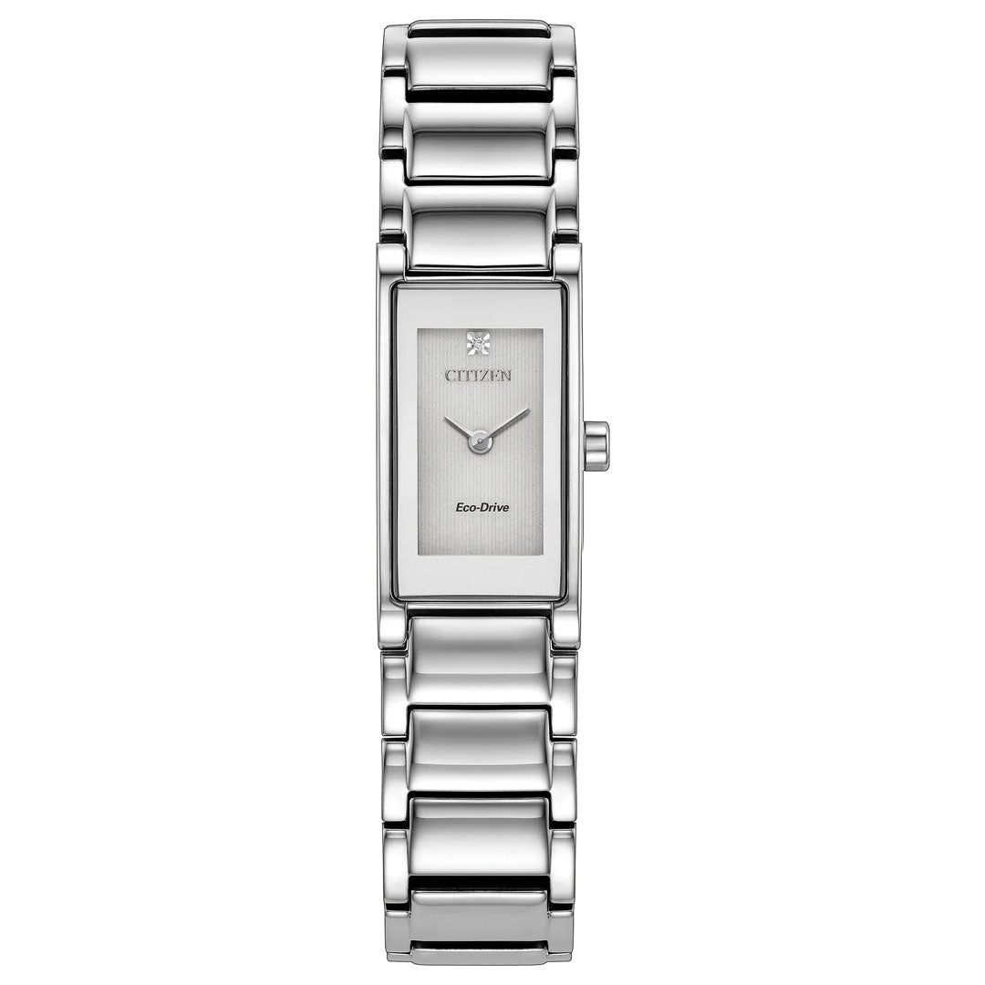 The CITIZEN Axiom Eco-Drive 14.3mm Watch is a modern women’s wristwatch featuring a rectangular silver-tone case, minimalist design, and a stainless steel link band. This dress watch offers a light dial with simple silver hour markers and hands for an elegant, contemporary look.