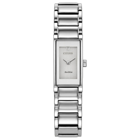 The CITIZEN Axiom Eco-Drive 14.3mm Watch is a modern women’s wristwatch featuring a rectangular silver-tone case, minimalist design, and a stainless steel link band. This dress watch offers a light dial with simple silver hour markers and hands for an elegant, contemporary look.