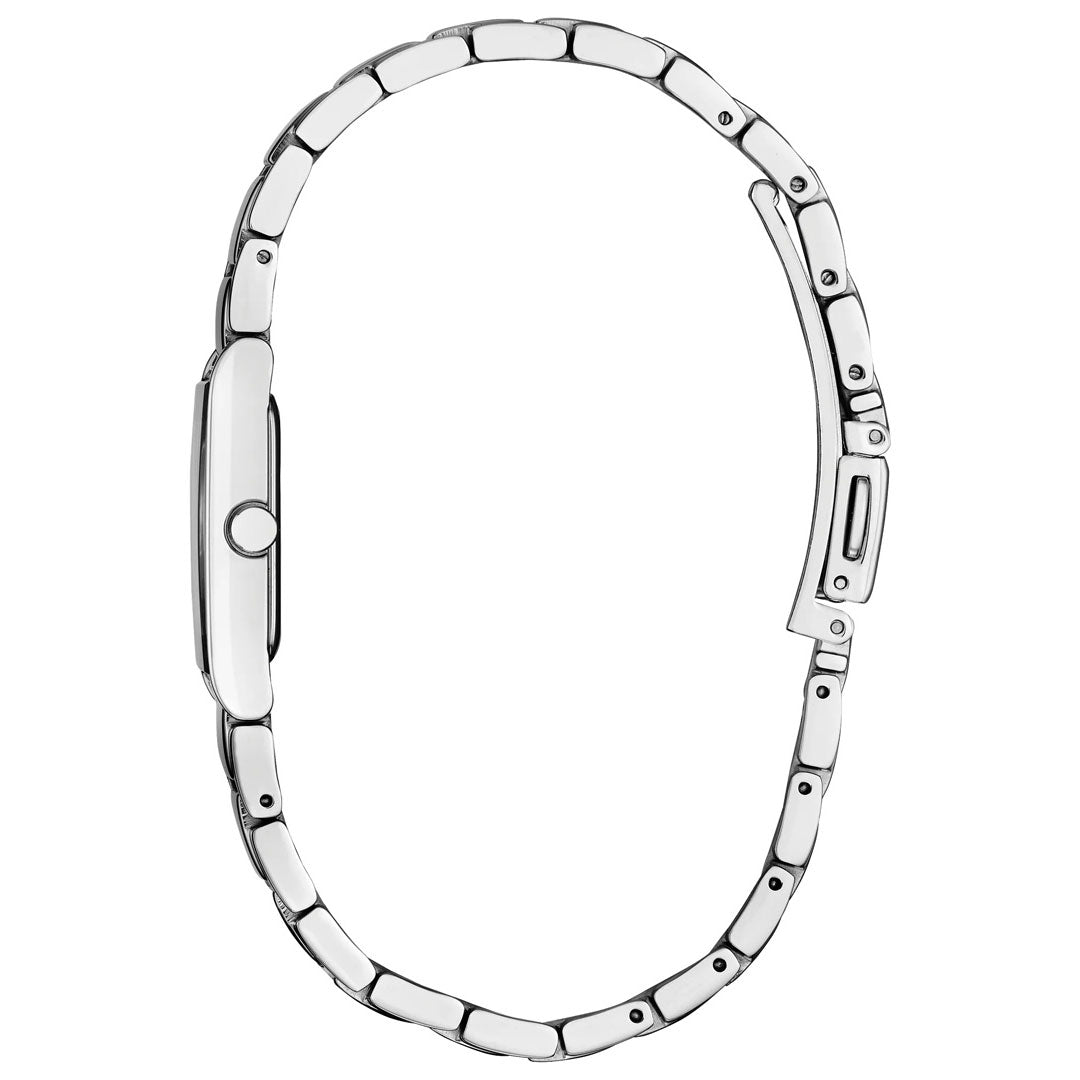 A side view of the CITIZEN Axiom Eco-Drive 14.3mm Watch showcases its slim silver stainless steel profile and bracelet with a clasp, drawing attention to the modern, streamlined design by CITIZEN. The watch face remains out of sight, emphasizing its elegant dress watch aesthetic.