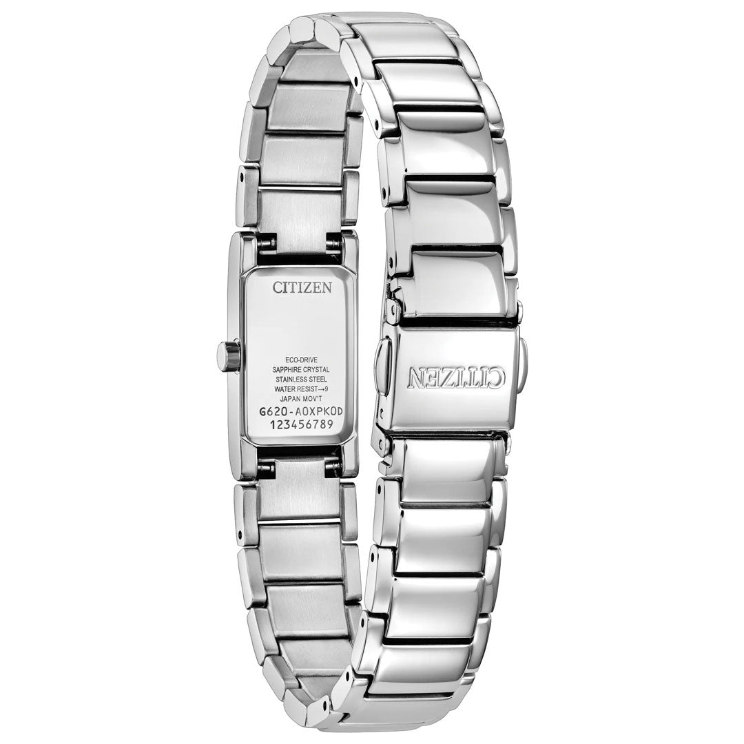 A close-up of the back of the CITIZEN Axiom Eco-Drive 14.3mm Watch showcases its stainless steel clasp, band links, and the engraved details on the case back.