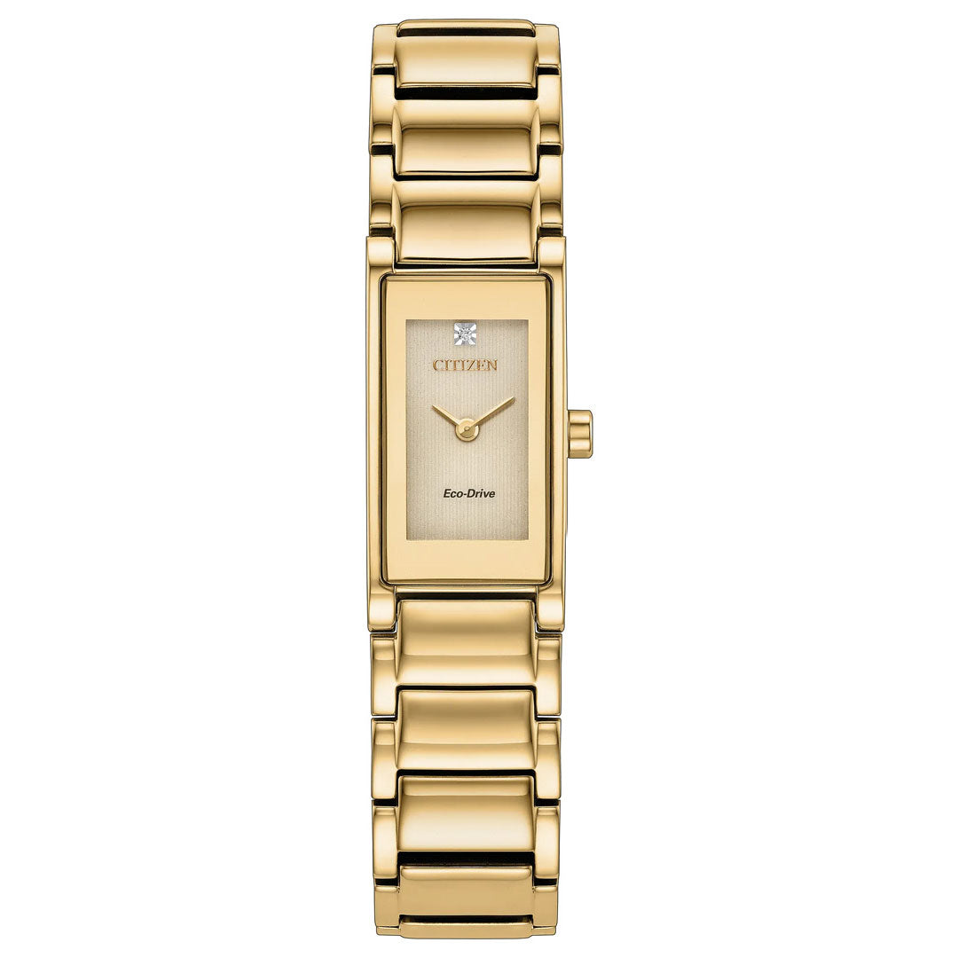 The CITIZEN Axiom Eco-Drive 14.3mm Watch is a rectangular gold-tone dress timepiece featuring a refined metal link band and a minimalist gold dial with a single diamond marker at 12 o’clock. Lacking additional hour markers apart from the CITIZEN branding and Eco-Drive text, it embodies understated elegance.