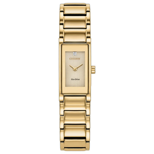 The CITIZEN Axiom Eco-Drive 14.3mm Watch is a rectangular gold-tone dress timepiece featuring a refined metal link band and a minimalist gold dial with a single diamond marker at 12 o’clock. Lacking additional hour markers apart from the CITIZEN branding and Eco-Drive text, it embodies understated elegance.
