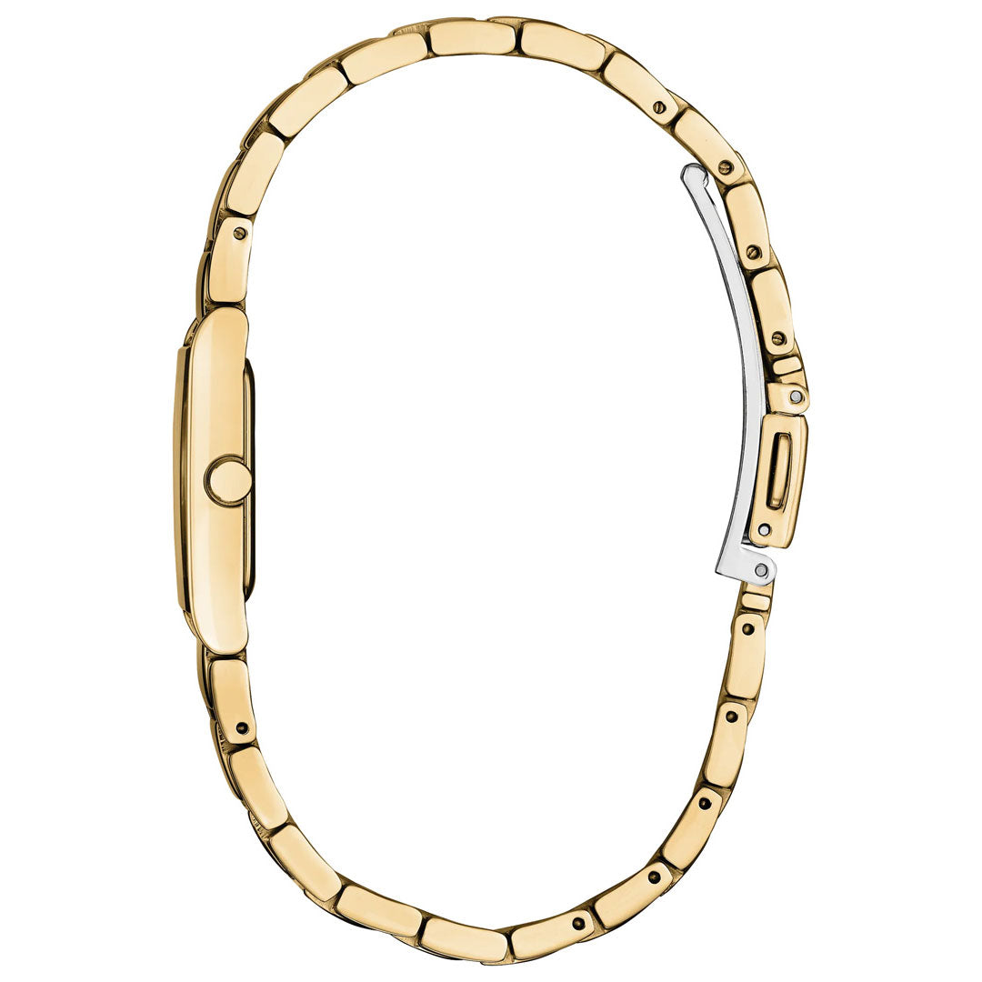 The CITIZEN Axiom Eco-Drive 14.3mm Watch is displayed in profile, showcasing its slim gold-tone case and linked bracelet. The partially open clasp reveals a subtle silver accent, adding an elegant touch to the sophisticated design from CITIZEN.