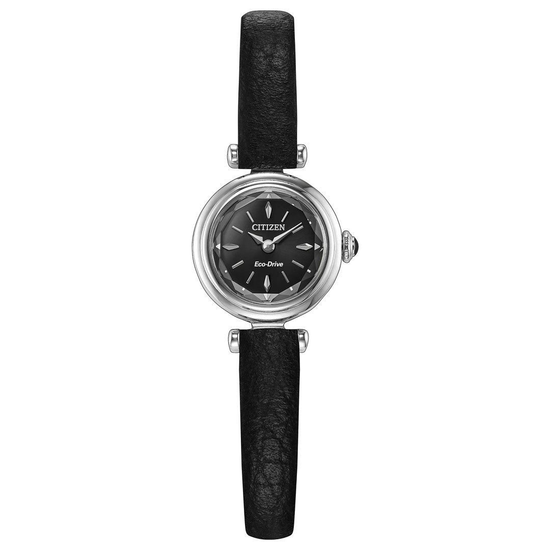 The CITIZEN Fio Eco-Drive 18.4mm Watch by CITIZEN features a black leather strap, a sleek silver case, and a black round dial with silver hour markers and hands—making this petite women's wristwatch the ideal sustainable accessory for timeless elegance and effortless everyday style.