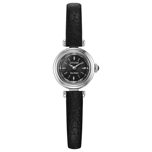 The CITIZEN Fio Eco-Drive 18.4mm Watch by CITIZEN features a black leather strap, a sleek silver case, and a black round dial with silver hour markers and hands—making this petite women's wristwatch the ideal sustainable accessory for timeless elegance and effortless everyday style.
