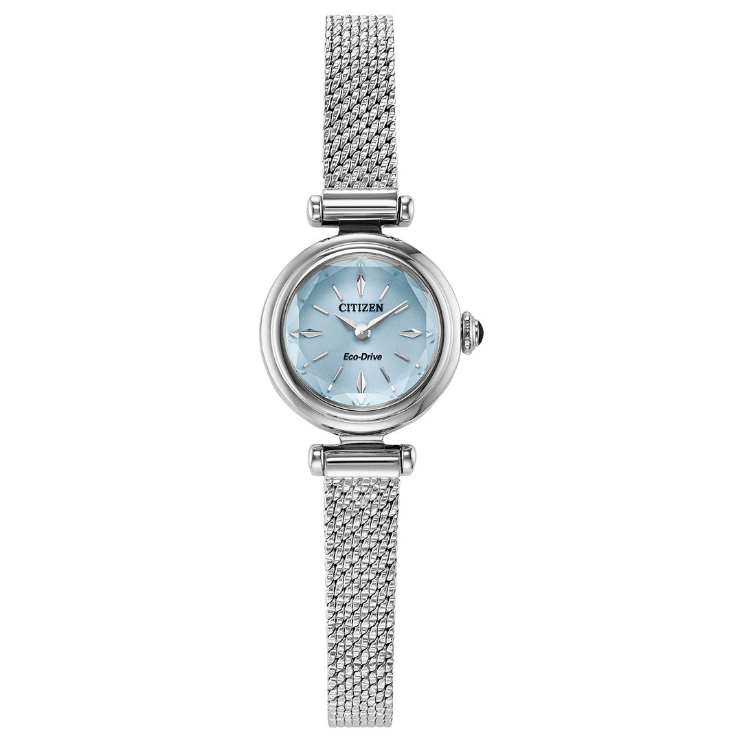 The CITIZEN Fio Eco-Drive 18.4mm women's watch features a minimalist silver design with a light blue round face, silver hour markers, and a fine mesh metal band.