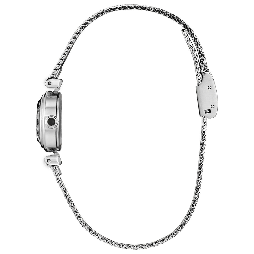 A side view of the CITIZEN Fio Eco-Drive 18.4mm women’s watch shows its slim silver stainless steel case, crown, and a thin metal chain band with clasp, partially open to display the profile.