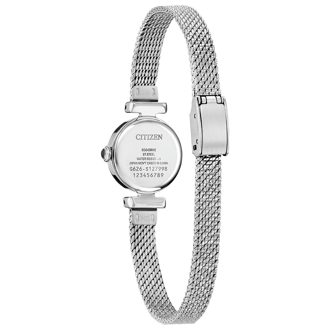 The CITIZEN Fio Eco-Drive 18.4mm Watch is shown from the back, highlighting its silver stainless steel mesh band and clasp. Engraved details on the watch back include model info, serial numbers, and water resistance.