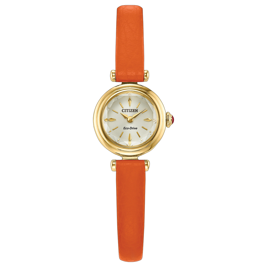 CITIZEN Fio Eco-Drive 18.4mm gold-tone stainless steel analog watch with an orange strap and a faceted glass face.