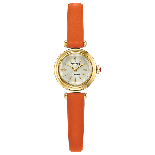 CITIZEN Fio Eco-Drive 18.4mm gold-tone stainless steel analog watch with an orange strap and a faceted glass face.