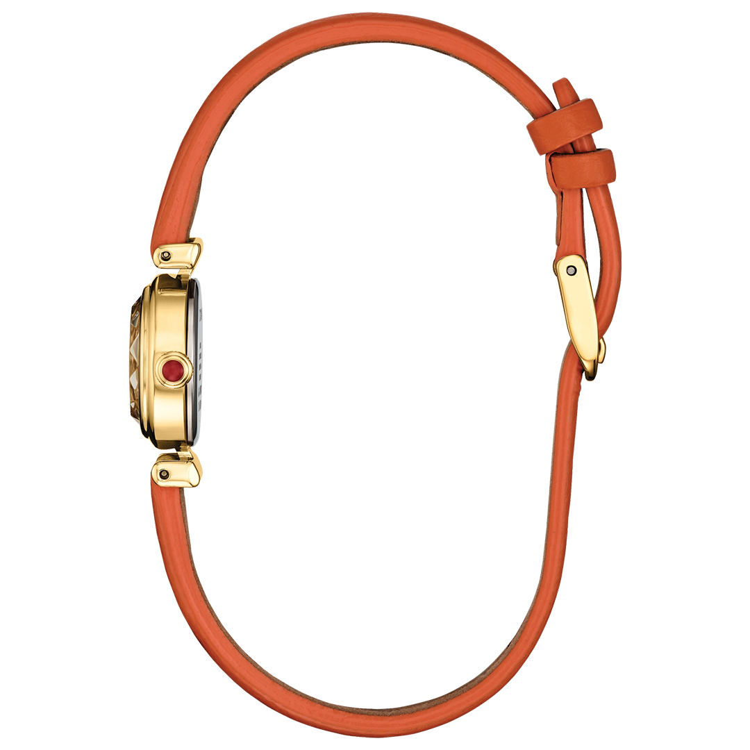Side view of a gold-tone CITIZEN Fio Eco-Drive 18.4mm Watch with a thin orange strap and a red accent on the crown.