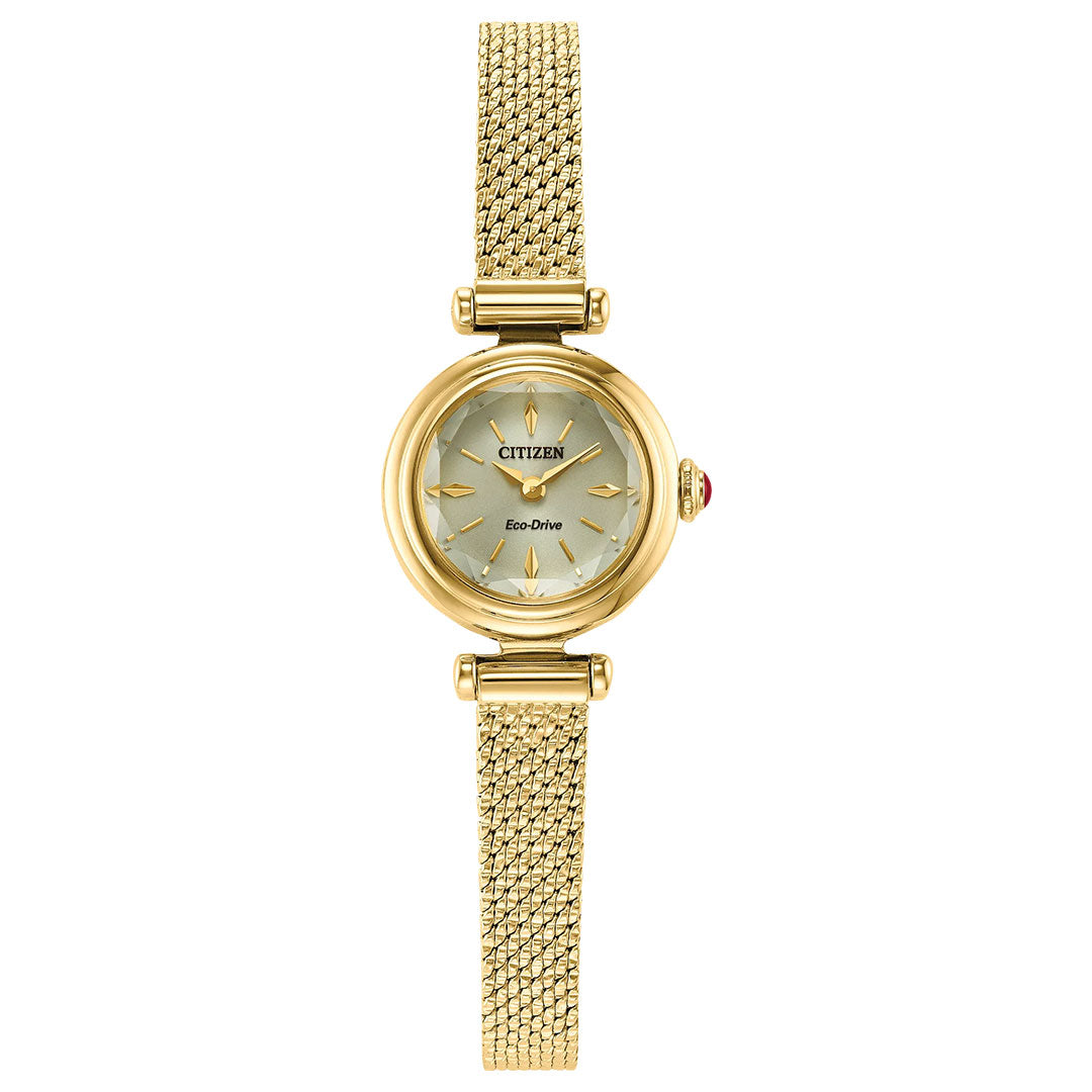 The CITIZEN Fio Eco-Drive 18.4mm Watch for women features a round silver dial, gold hour markers, a gold-tone mesh band, and a crown with a red accent—an elegant and sustainable timepiece from CITIZEN.