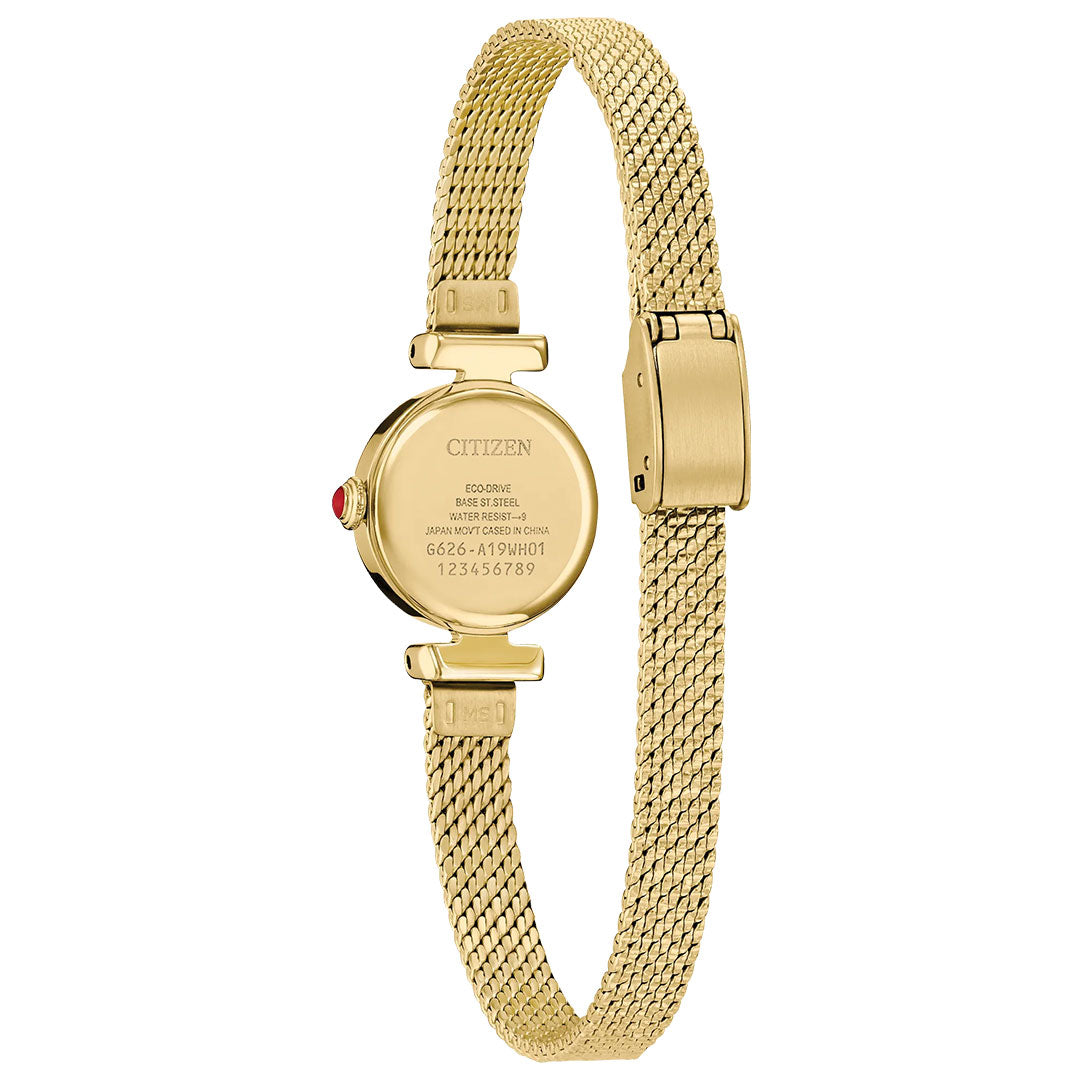 The CITIZEN Fio Eco-Drive 18.4mm Watch is shown from the back, highlighting its round case with engraved text, mesh band with clasp, and a small red accent on the side.
